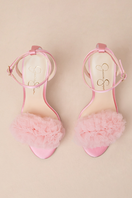 JESSICA SIMPSON JILRIA LIGHT PINK SATIN ANKLE STRAP HIGH HEEL SANDALS
