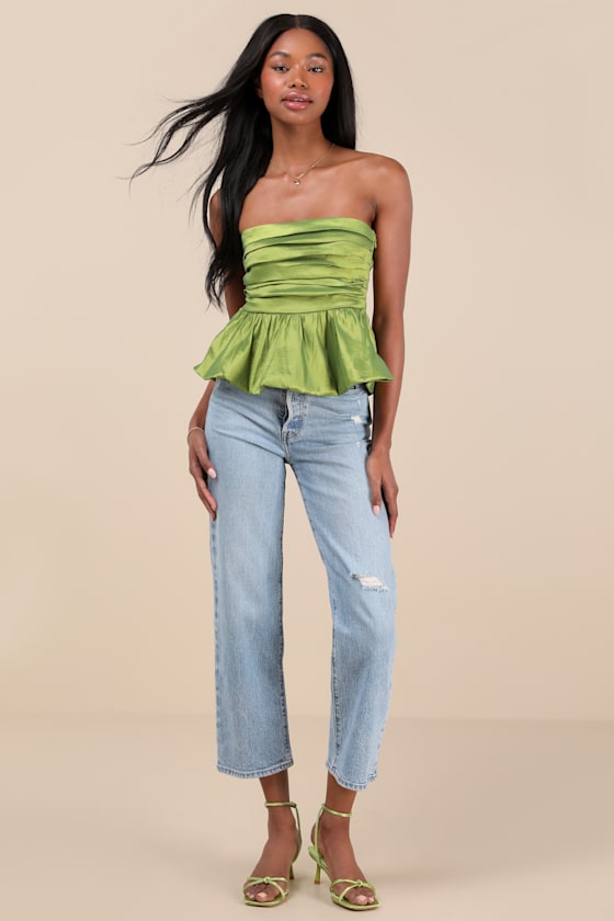 Lulus Celinda Green Strapless Bubble-hem Top In Green