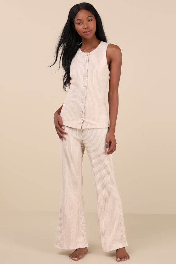 Lulus Raney Heather Beige Ribbed Knit Flare Lounge Pants In Beige