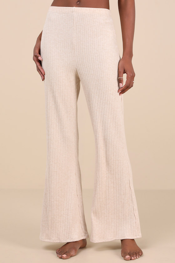 Lulus Raney Heather Beige Ribbed Knit Flare Lounge Pants In Beige