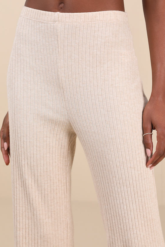 Lulus Raney Heather Beige Ribbed Knit Flare Lounge Pants In Beige