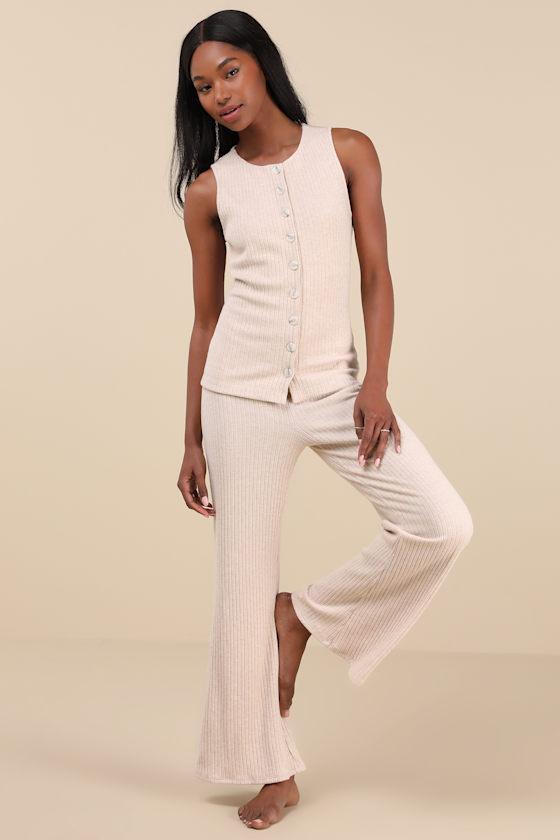 Lulus Raney Heather Beige Ribbed Knit Button-up Tank Top In Beige