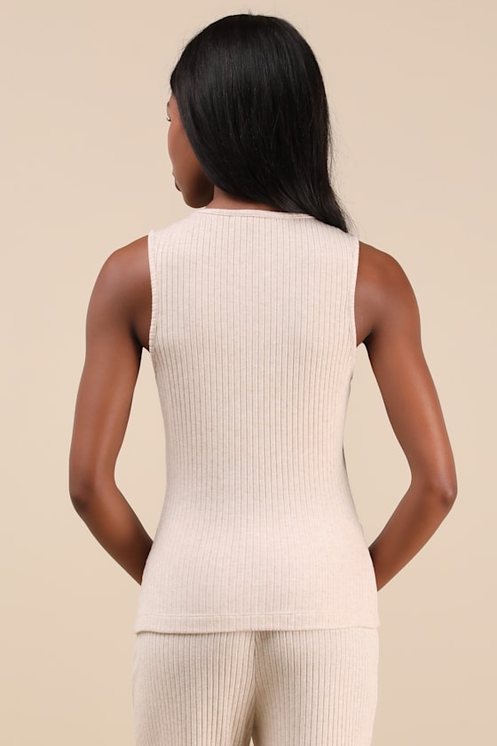 Lulus Raney Heather Beige Ribbed Knit Button-up Tank Top In Beige