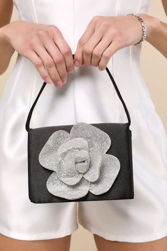 Gwenda Black Satin Rhinestone Flower Mini Handbag 7