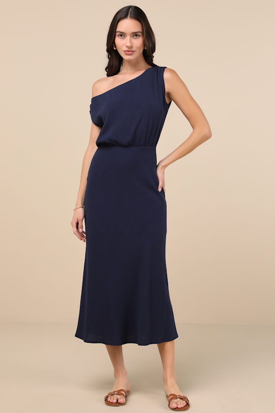 Lulus Sophisticated Pose Navy Chiffon Boat Neck Backless Maxi Dress In Navy