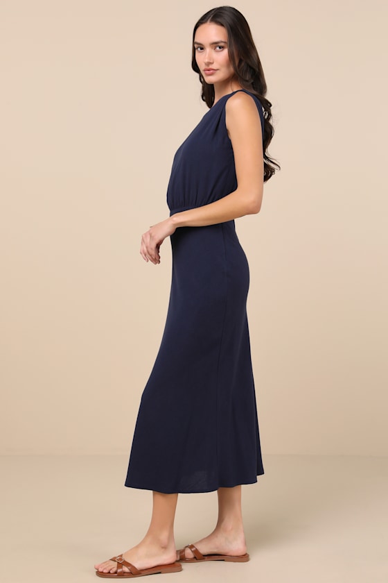 Lulus Sophisticated Pose Navy Chiffon Boat Neck Backless Maxi Dress In Navy