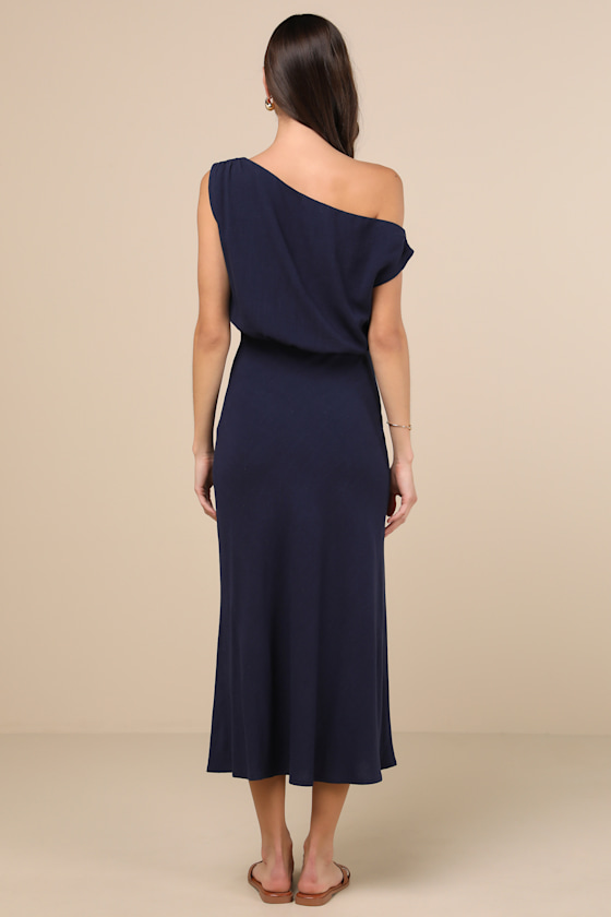Lulus Sophisticated Pose Navy Chiffon Boat Neck Backless Maxi Dress In Navy