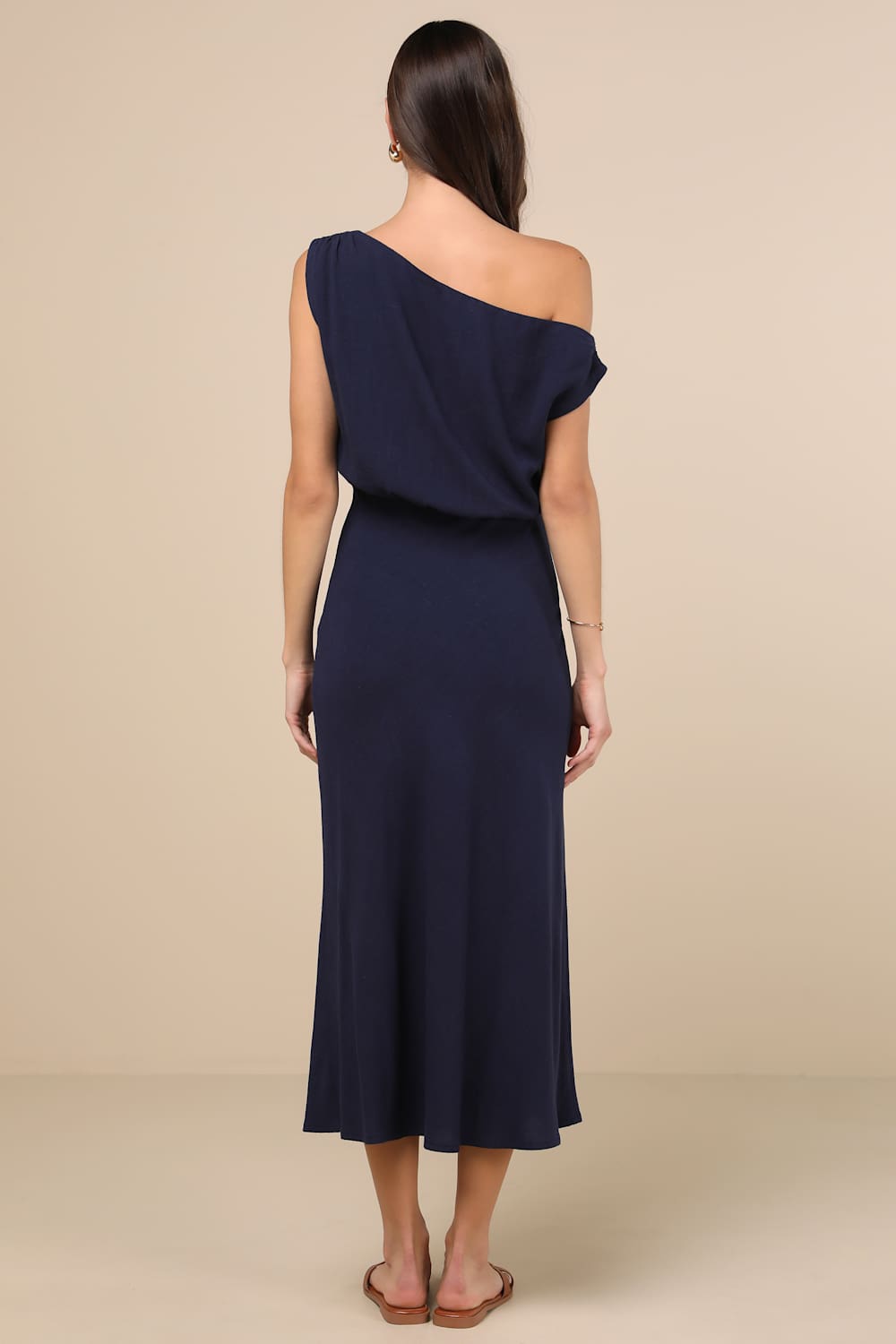 Casual Enchantment Navy Linen Off-the-Shoulder Midi Dress
