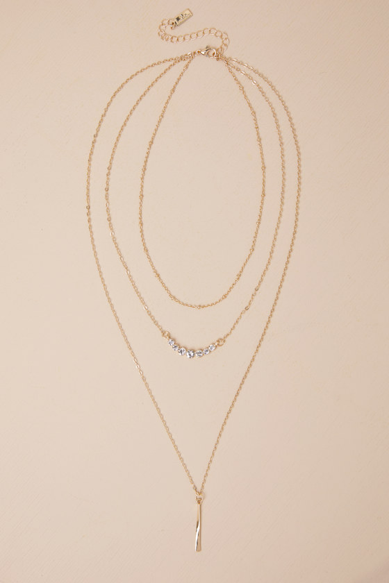 LULUS ENCHANTING SPARKLE GOLD RHINESTONE LARIAT LAYERED NECKLACE