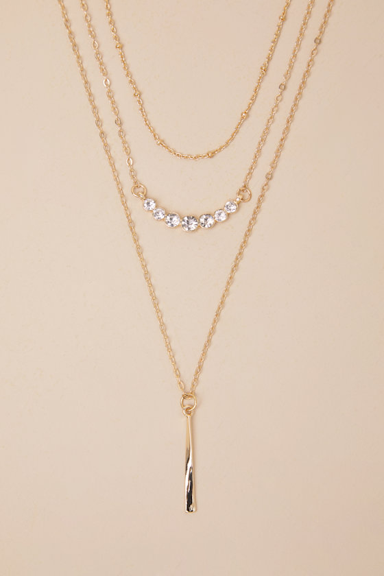 LULUS ENCHANTING SPARKLE GOLD RHINESTONE LARIAT LAYERED NECKLACE