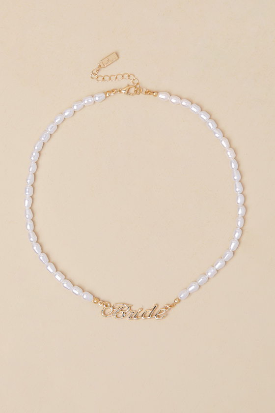 LULUS DESTINED SHINE GOLD PEARL BRIDE SCRIPT NECKLACE