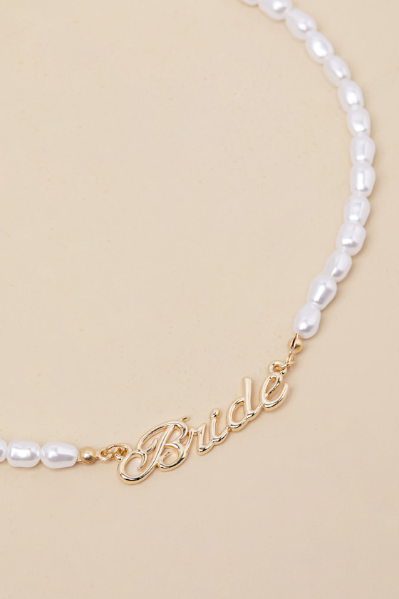 LULUS DESTINED SHINE GOLD PEARL BRIDE SCRIPT NECKLACE