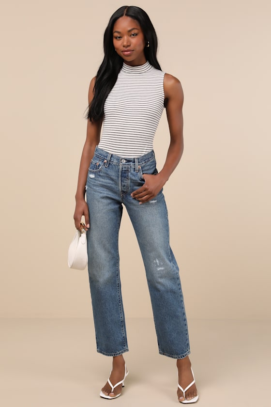 501 '90s Medium Wash Distressed Mid Rise Straight Leg Jeans 5