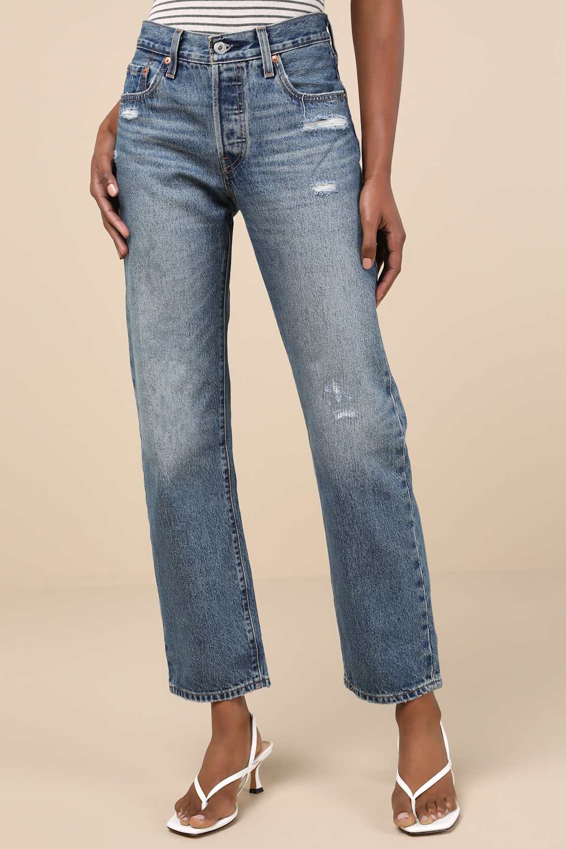 501 '90s Medium Wash Distressed Mid-Rise Straight Leg Jeans