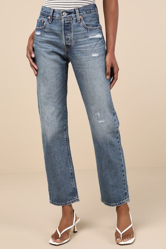 501 '90s Medium Wash Distressed Mid Rise Straight Leg Jeans 2