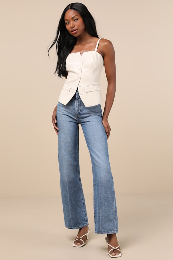 Levi's Ribcage Medium Wash Wide-leg High-rise Denim Jeans In Blue