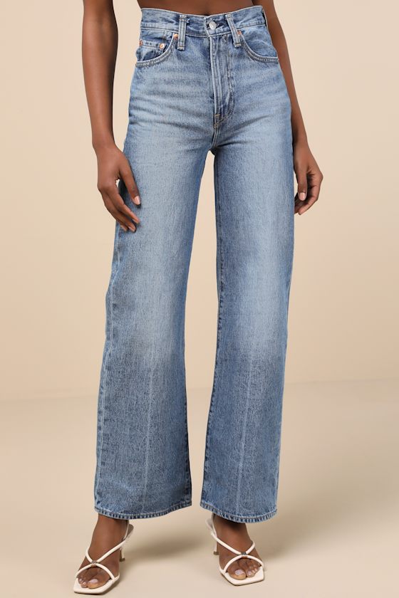 Levi's Ribcage Medium Wash Wide-leg High-rise Denim Jeans In Blue