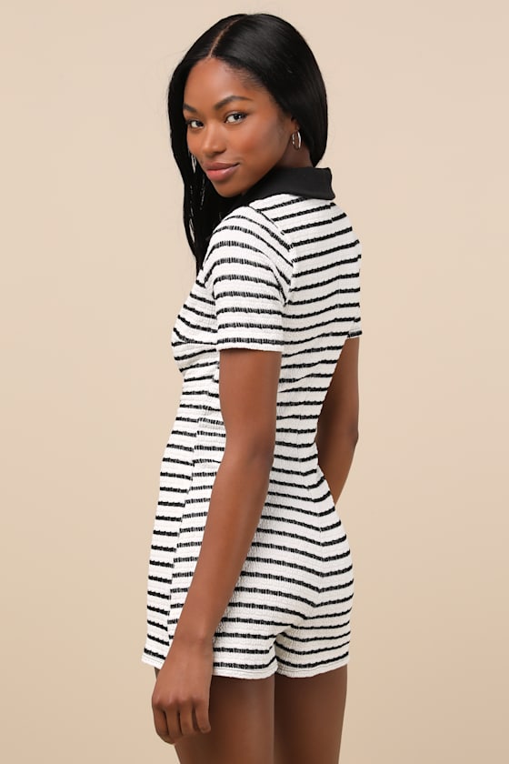 Lulus Adorably Playful White And Black Striped Textured Romper In Black