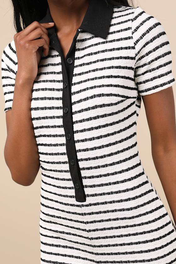 Lulus Adorably Playful White And Black Striped Textured Romper In Black