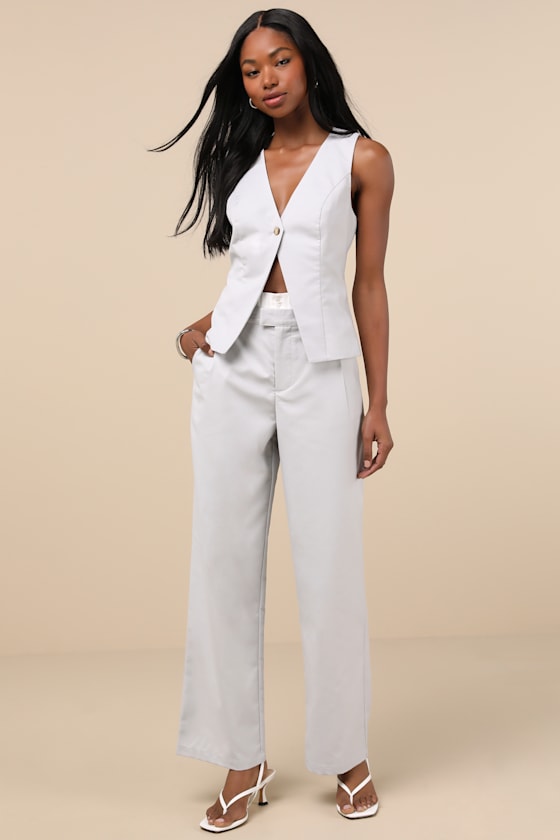 Lulus Confident Personality Light Grey Double-waisted High-rise Pants In Light Grey