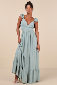 Soiree Celebration Light Blue Floral Ruffled Lace-Up Maxi Dress 1