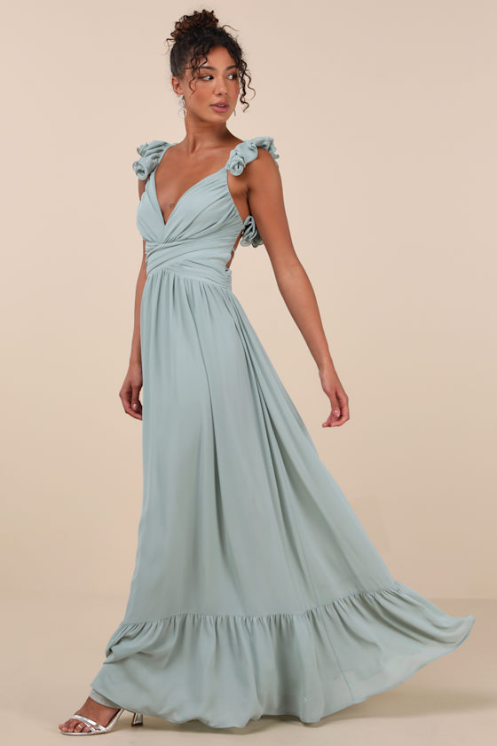 Lulus Soiree Celebration Light Blue Floral Ruffled Lace-up Maxi Dress In Light Blue