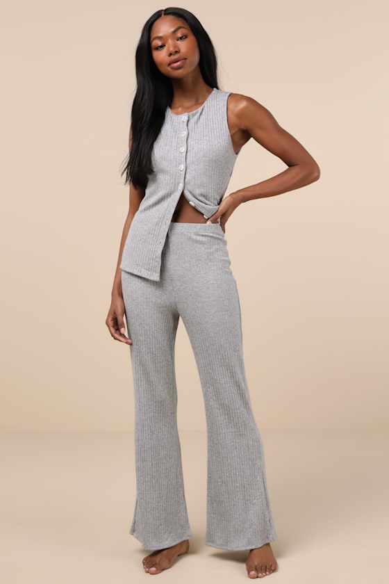 Lulus Raney Heather Grey Ribbed Knit Flare Lounge Pants In Heather Grey
