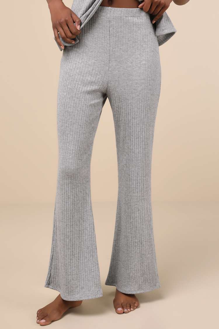 Raney Heather Grey Ribbed Knit Flare Lounge Pants