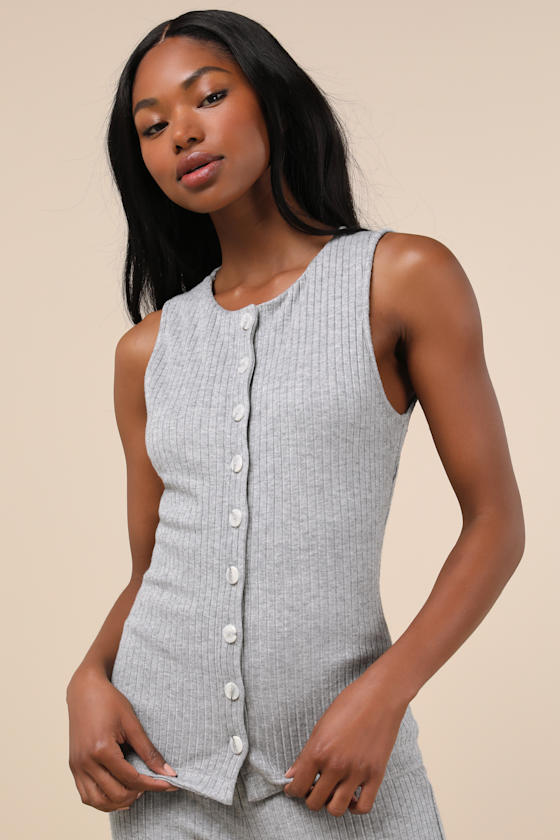 Lulus Raney Heather Grey Ribbed Knit Button-up Tank Top In Heather Grey