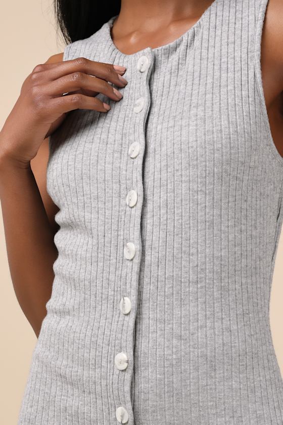 Raney Heather Grey Ribbed Knit Button-Up Tank Top