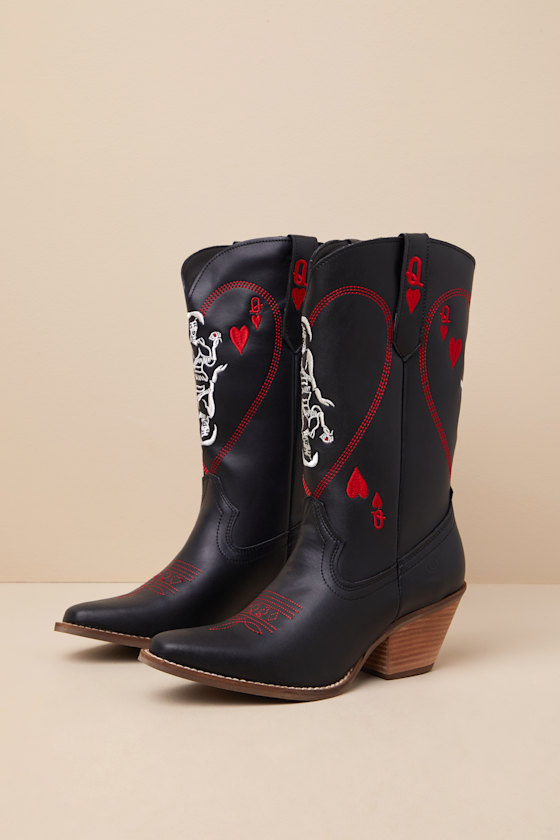 Dingo Queen A Hearts Black Leather Knee-high Western Boots In Black