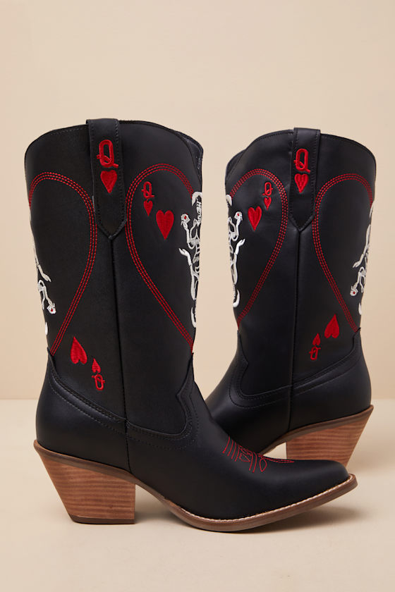 Dingo Queen A Hearts Black Leather Knee-high Western Boots In Black