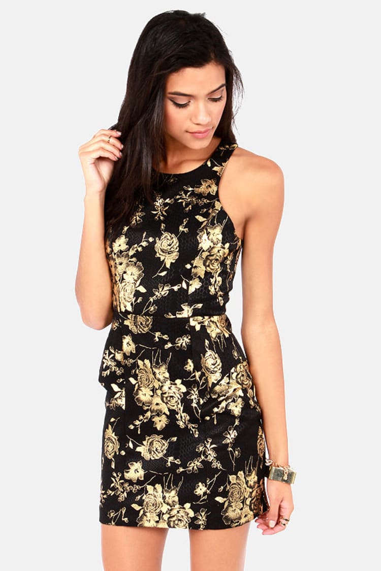 Sexy Black Dress - Floral Print Dress - Gold Dress - Peplum Dress - $44.00  - Lulus