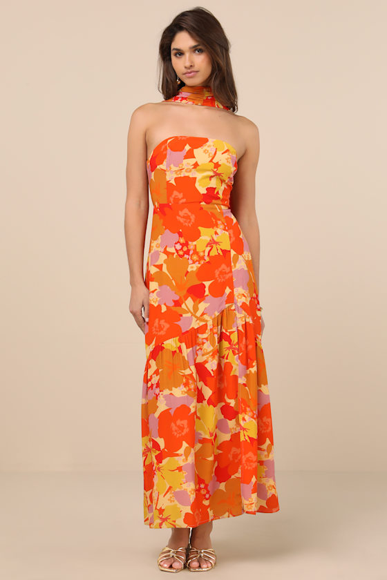 Captivating Spirit Orange Floral Strapless Dress and Scarf Set 2