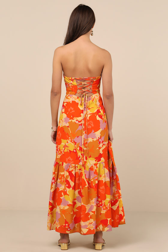 Lulus Captivating Spirit Orange Floral Strapless Dress And Scarf Set In Orange