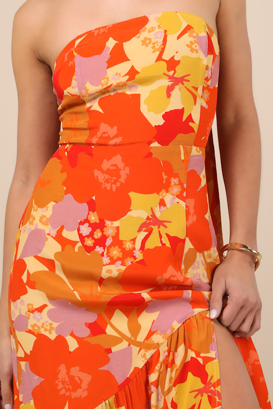 Lulus Captivating Spirit Orange Floral Strapless Dress And Scarf Set In Orange