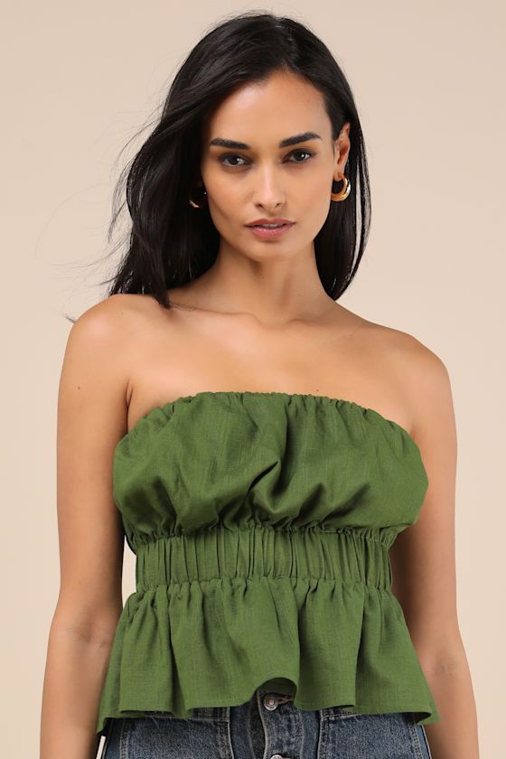 Lulus Georgie Olive Green Strapless Peplum Top In Olive Green