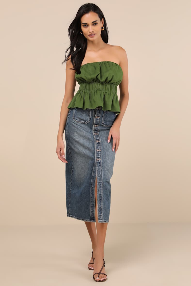 Georgie Olive Green Strapless Peplum Top