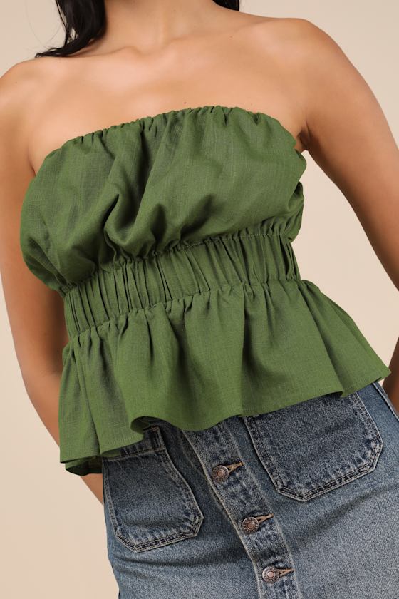 Lulus Georgie Olive Green Strapless Peplum Top In Olive Green