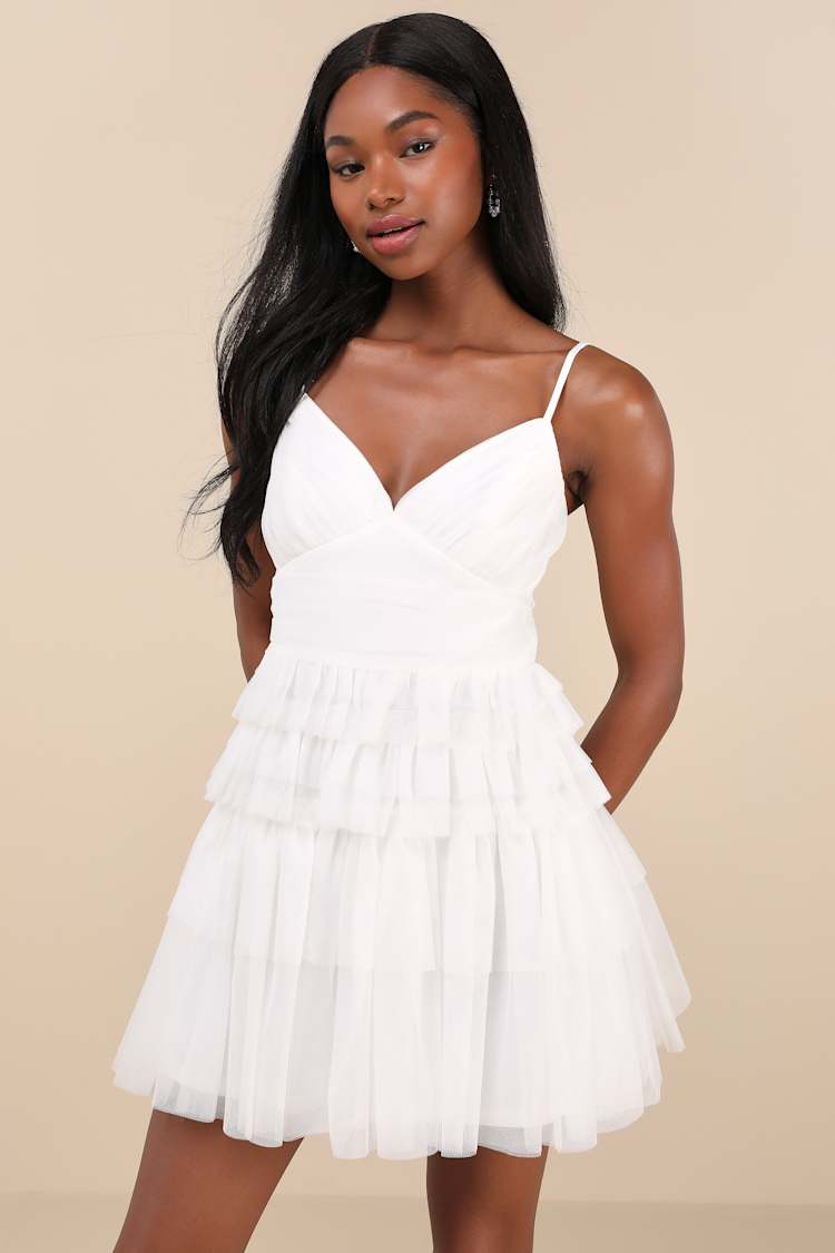 Lulus | White Tulle Pleated Sleeveless Tiered Mini Dress | Womens | Medium | 100% Polyester Lulus | White Tulle Pleated Sleeveless Tiered Mini Dress | Womens | Medium | 100% Polyester