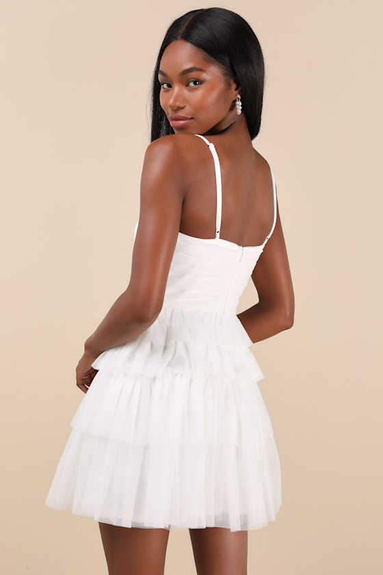 Lulus Special Poise White Tulle Pleated Sleeveless Tiered Mini Dress In White