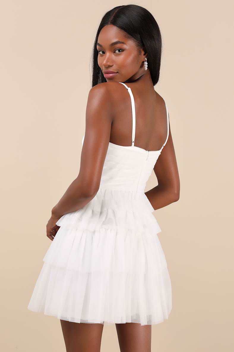 Special Poise White Tulle Pleated Sleeveless Tiered Mini Dress