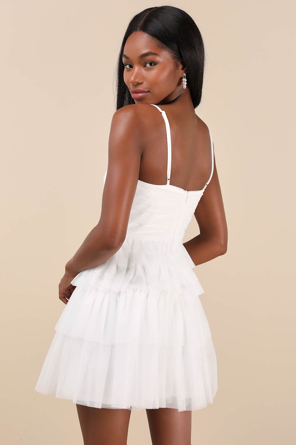 Special Poise White Tulle Pleated Sleeveless Tiered Mini Dress