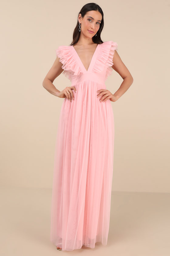 Lulus Simply Delighted Pink Mesh Ruffled Backless Maxi Dress In Pink