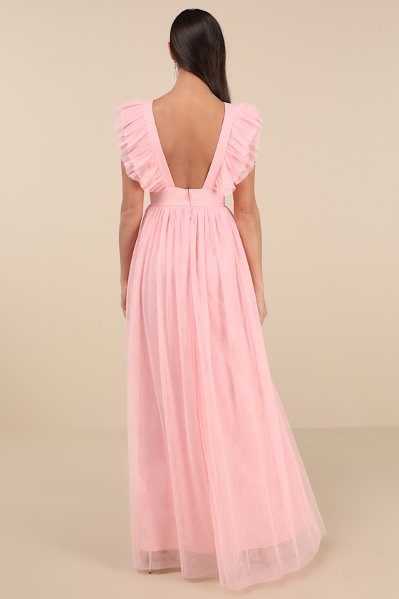 Lulus Simply Delighted Pink Mesh Ruffled Backless Maxi Dress In Pink