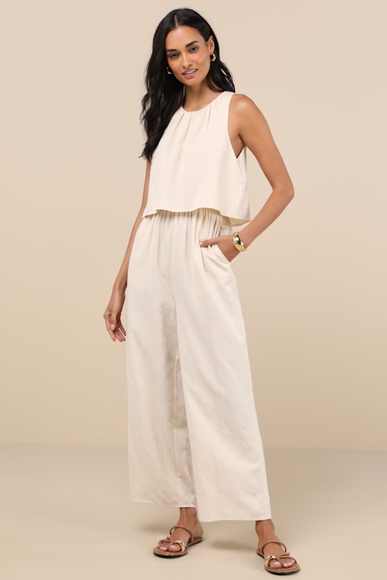 Breezy Sophistication Beige Textured Wide-Leg Jumpsuit 1