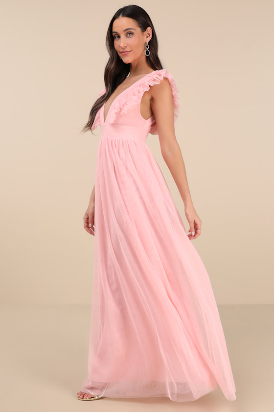 Lulus Simply Delighted Pink Mesh Ruffled Backless Maxi Dress In Pink