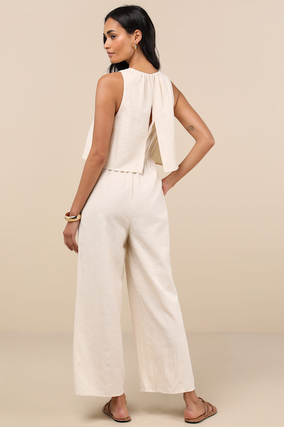 Breezy Sophistication Beige Textured Wide-Leg Jumpsuit 2