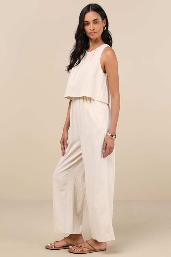 Lulus Breezy Sophistication Beige Textured Wide-leg Jumpsuit In Beige