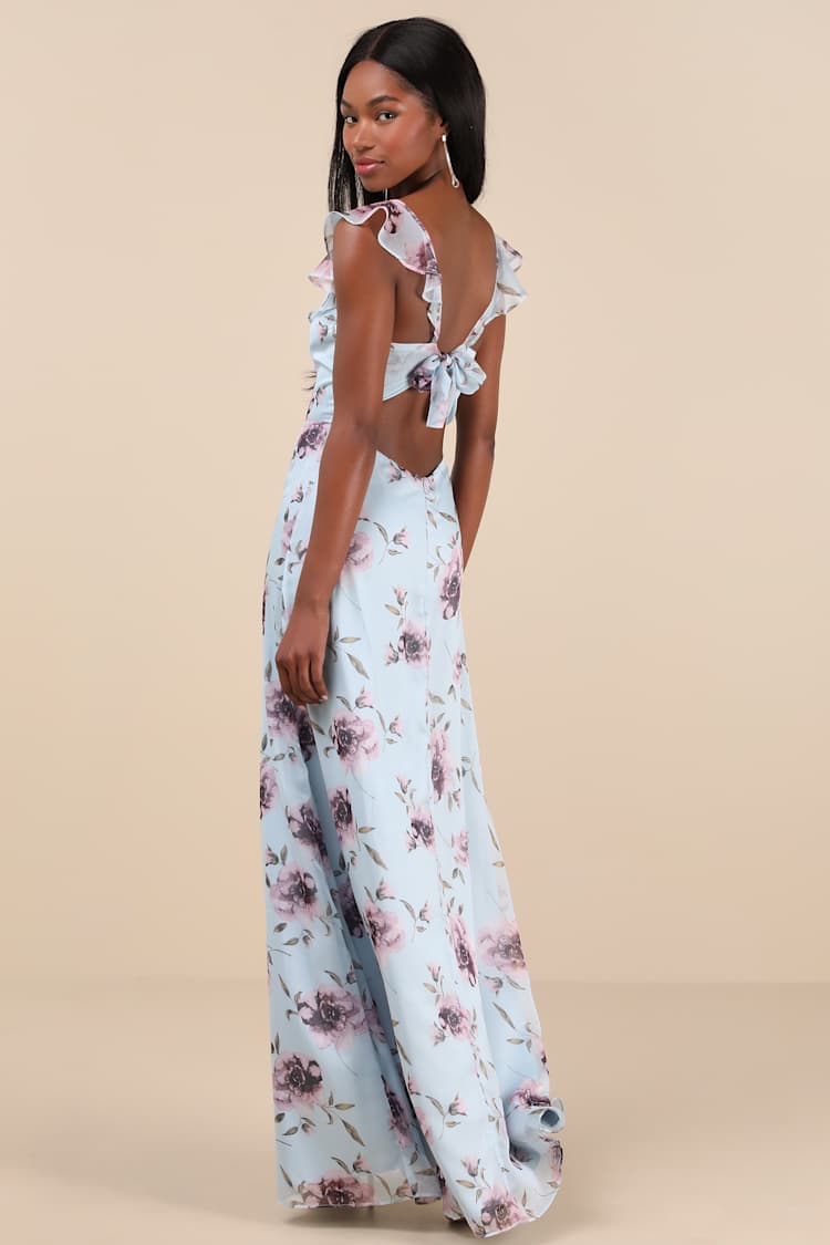 Sweetest Entrance Light Blue Floral Ruffled Tie-Back Maxi Dress
